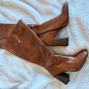 Women's Brown Leather Knee-High Block Heel Boots